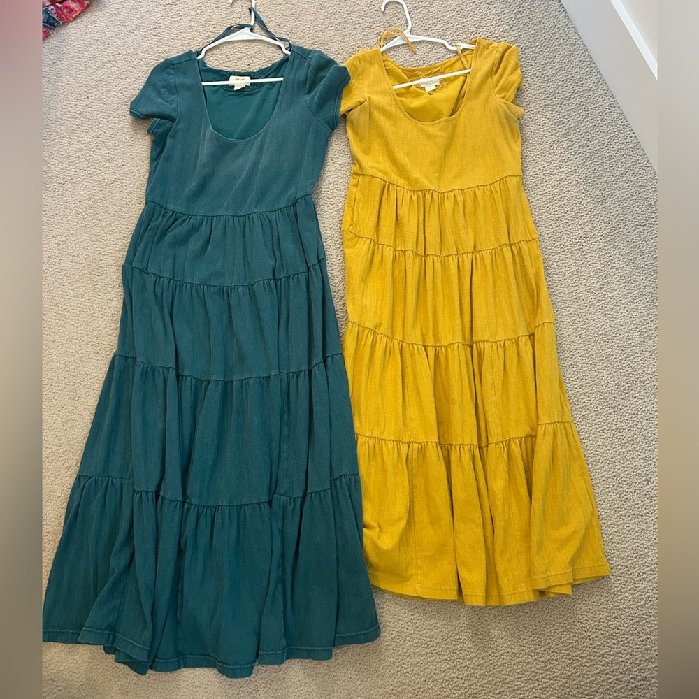 Maeve by Anthropologie Mustard and Green heavy cotton maxi dresses with pockets
